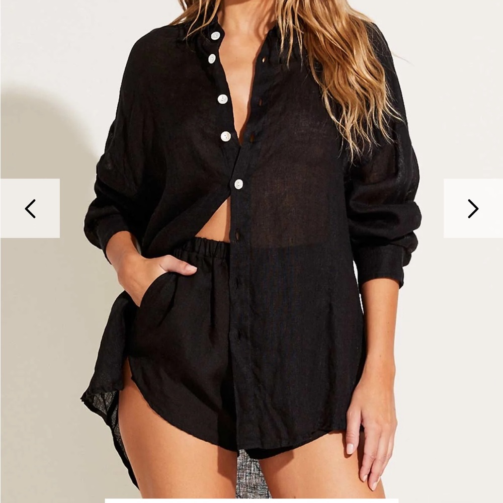 Vitamin A Playa Linen Boyfriend Shirt - Black EcoLinen Black Button-Up Shirt